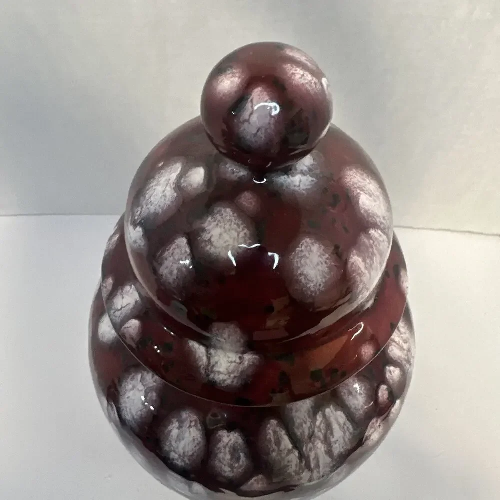 Handmade‎ Red White Drip Glaze Ceramic Ginger Jar Vase with Lid 13.5